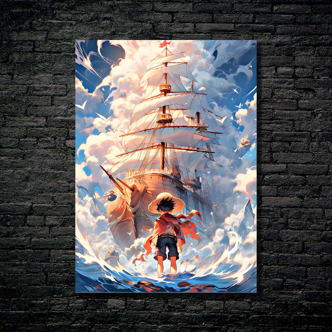 Monkey D Luffy in Sea with ship from one piece