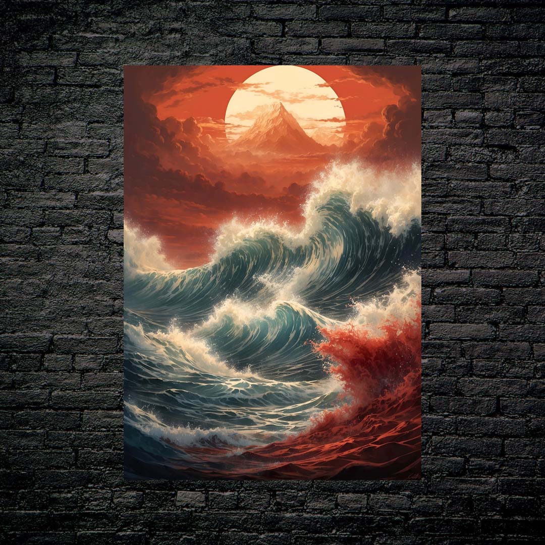 Ocean Wave Japanese Sunset Art