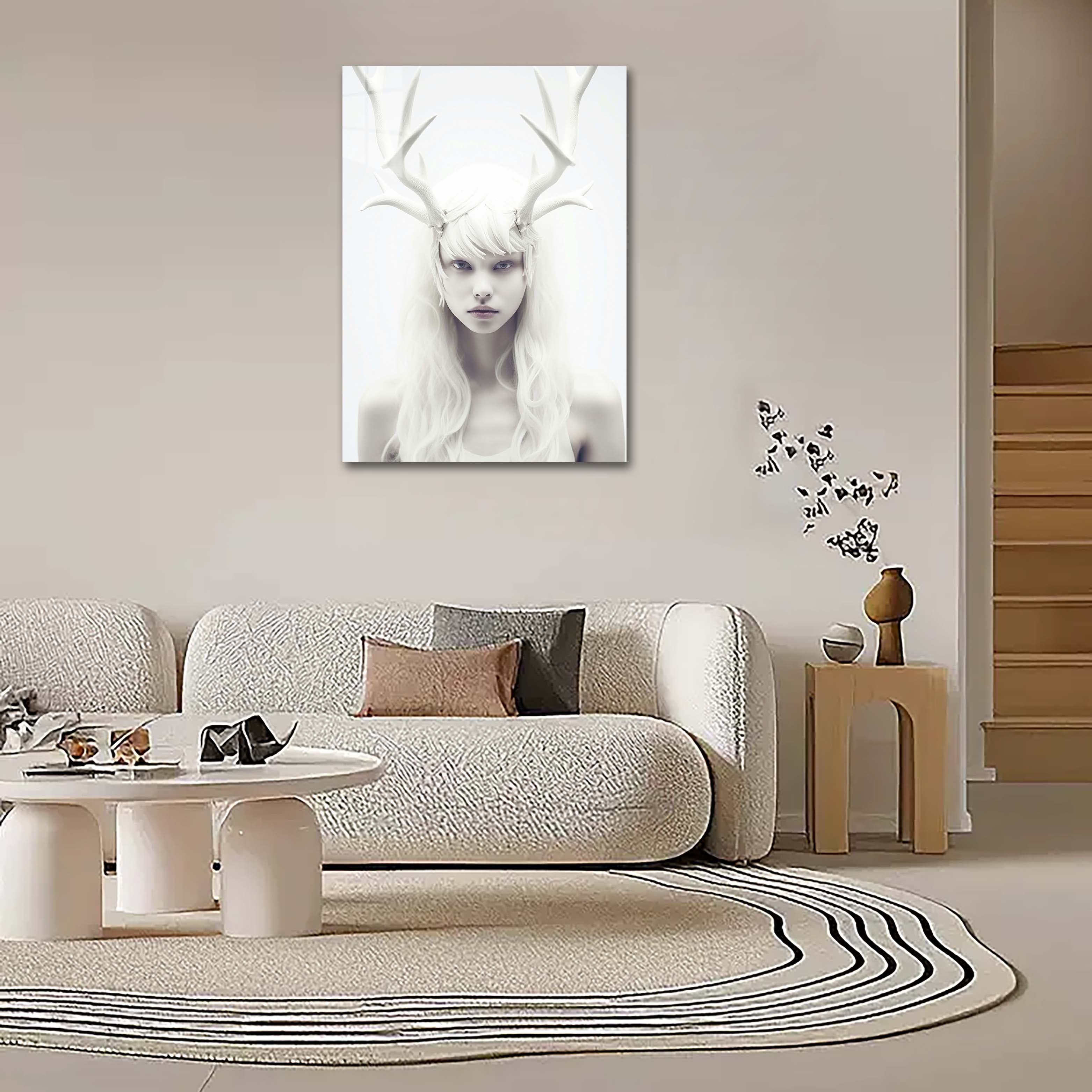 Portrait of albino woman with deer horns